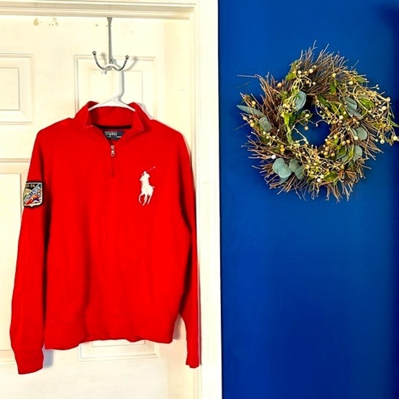 Vintage Polo by Ralph Lauren Red Large White Logo Long Sleeve Quarter Zip Size M - Picture 1 of 9